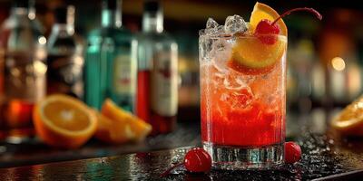Bright cocktail garnished with fruit and cherries on a bar counter during an evening gathering photo