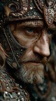 Detailed portrayal of a warrior in ornate armor with striking features and intense gaze during a dramatic historical reenactment photo