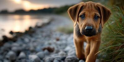 Playful puppy exploring a rocky shoreline at sunset with a beautiful water view in the background photo