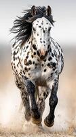 Majestic spotted horse galloping through an open field on a clear day with a strong sense of freedom and vitality photo