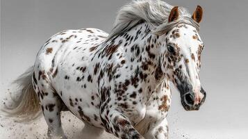 Spotted horse galloping across a sandy surface during daytime with a dramatic background photo