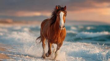 Horse runs joyfully along the shore as waves crash against the sand during sunset photo