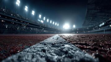 Nighttime sprint on a track with bright stadium lights illuminating the scene photo