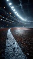 Track surface under stadium lights during an evening sporting event with vibrant atmosphere and anticipation gripping the air photo