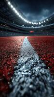 Track surface glimmers under stadium lights before a major athletic event at dusk photo
