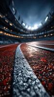 Wet running track glistens under stadium lights during an evening athletic event with focused ambiance and energy photo