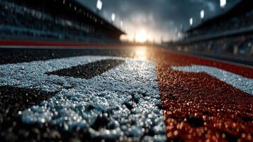Close-up of racetrack surface at sunset with raindrops creating a reflective scene photo