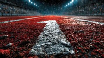 Track surface with starting line number in a stadium illuminated by bright lights during a nighttime sports event photo