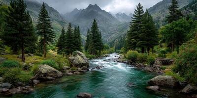 Mountain river flows through lush greenery under a cloudy sky in a tranquil forest setting photo