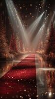Elegant Christmas stage decor with shining lights and decorated trees in a festive setting photo