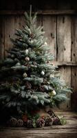 Decorated evergreen tree surrounded by wooden backdrop captures the festive spirit of Christmas during the holiday season photo