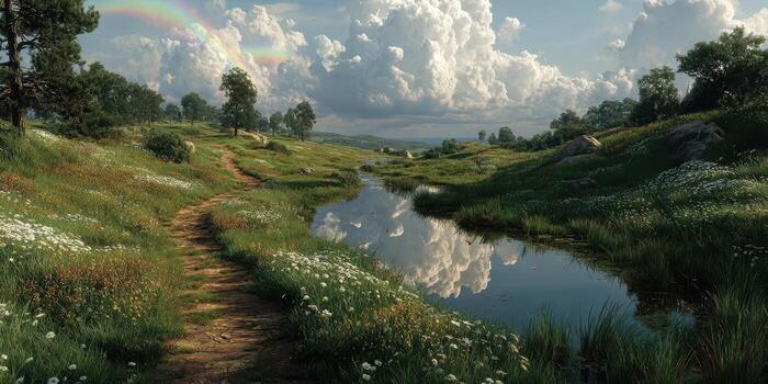 Serene landscape with a winding path and a reflective river under fluffy clouds during a sunny day photo