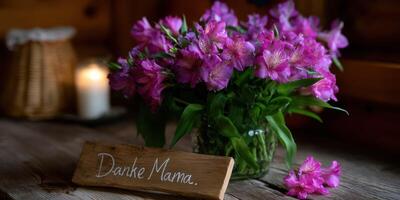 Beautiful pink flowers in a vase with a heartfelt message on a wooden table in a cozy indoor setting photo