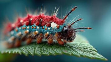 Vibrant caterpillar crawling on a green leaf in a natural habitat showcasing bright colors and texture photo
