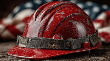 Worn red hard hat resting on a weathered surface with an American flag background conveying hard work and dedication photo