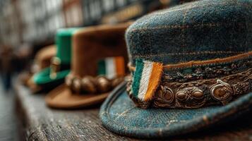 Colorful traditional hats displayed on a rustic wooden table at a market in Ireland during a sunny afternoon photo