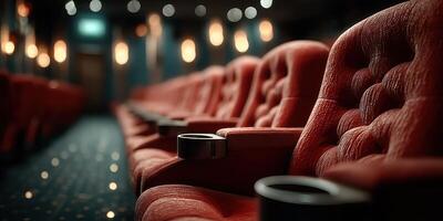Empty red theater seats in a dimly lit cinema before the evening show photo