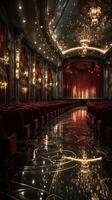Elegant theater interior with luxurious seating and dazzling chandeliers during a spectacular performance evening photo