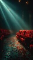 Elegant theater interior with velvet seats and scattered rose petals illuminated by dramatic lighting photo