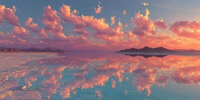 Mesmerizing sunset over a tranquil salt flat reflecting vibrant clouds and mountains in the distance photo
