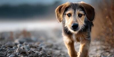 Playful puppy exploring a rocky path during golden hour in an outdoor setting photo