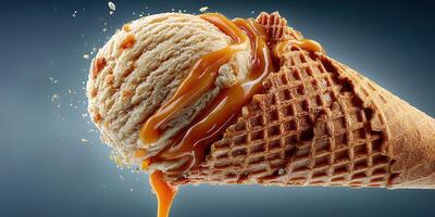 Delicious caramel ice cream dripping from a crispy cone in a studio setting photo