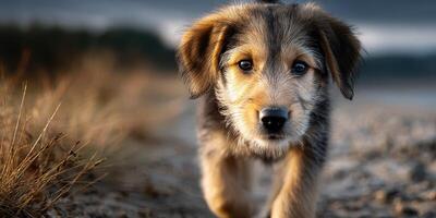 Cute puppy plays along the sandy shore during golden hour with a beautiful sky in the background photo