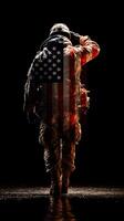 Soldier salutes with American flag overlay in dramatic lighting during a tribute to military service photo