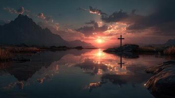 Sunset over tranquil waters with a cross reflecting in the lake near mountain range photo