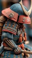 Detailed depiction of a historical Japanese samurai figure with authentic attire and weaponry in a crafted setting photo