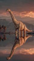 Realistic dinosaur stands by a tranquil lake at sunset with stunning mountain backdrop photo