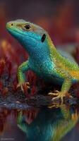 Colorful lizard basking near water in a natural habitat showcasing vibrant scales and reflective surroundings photo