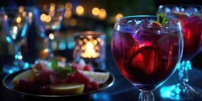 Festive drinks with fresh fruit and glowing ambiance at a social gathering in the evening photo