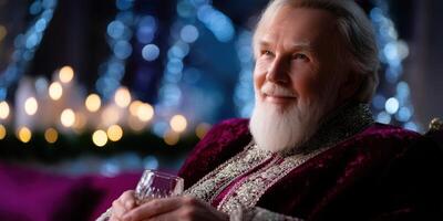 Charming elderly man enjoying a festive evening with sparkling drinks and a warm smile in a cozy setting photo