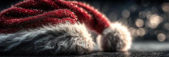 Festive red and white Santa hat on a dark surface surrounded by sparkling bokeh lights during the holiday season photo