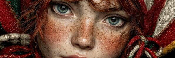 Beautiful girl with freckles and captivating blue eyes wrapped in vibrant fabric during sunny afternoon photo