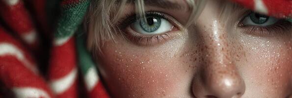 Close-up of a young person with striking blue eyes and freckled skin, wrapped in a colorful scarf during winter photo