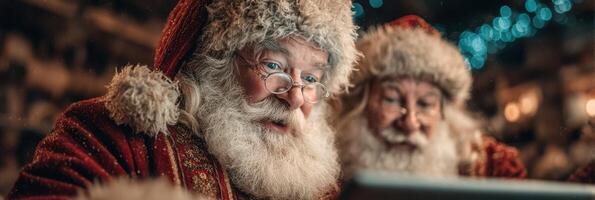 Two joyful Santas reviewing a list in a cozy workshop decorated for the holiday season photo