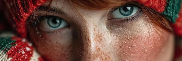 Captivating close-up of a person with freckles wearing a colorful winter hat on a chilly day photo
