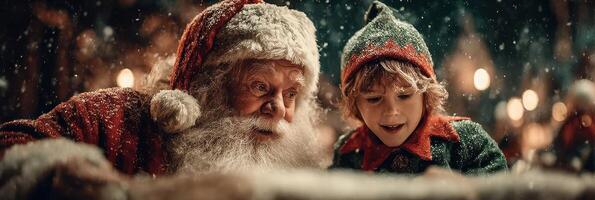 Santa and child share a joyful moment while reading in a snowy, festive setting during a winter night photo