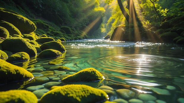 Rippling River Flowing Through a Lush Forest with Sunlight Streaming photo