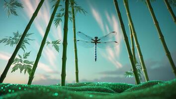 Dragonfly Flying Among Bamboo Plants with a Glittering Green Foreground photo
