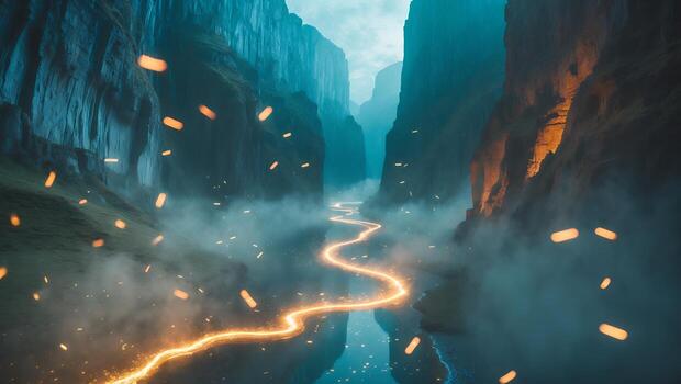 River Cutting Through Canyon with Fog and Light Effects at Dusk photo