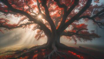 Majestic Tree with Red Leaves and Sunbeams Filtering Through Fog photo