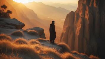 Man Standing on Mountain Peak Admiring Scenic Valley at Sunset photo
