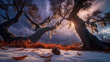 Winter Landscape with Bare Trees, Acorn on Snow, and Cloudy Sky photo