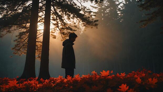 Man Standing in Forest with Autumn Leaves and Sun Rays photo
