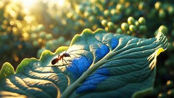 Ant Exploring Green Leaf with Blue Markings in Sunlight Macro photo