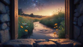 Viewing Night Sky and Stream Through Stone Window with Flowers photo