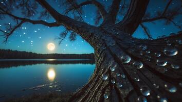 Tranquil Lake at Night Reflecting Moon Under Starry Sky photo
